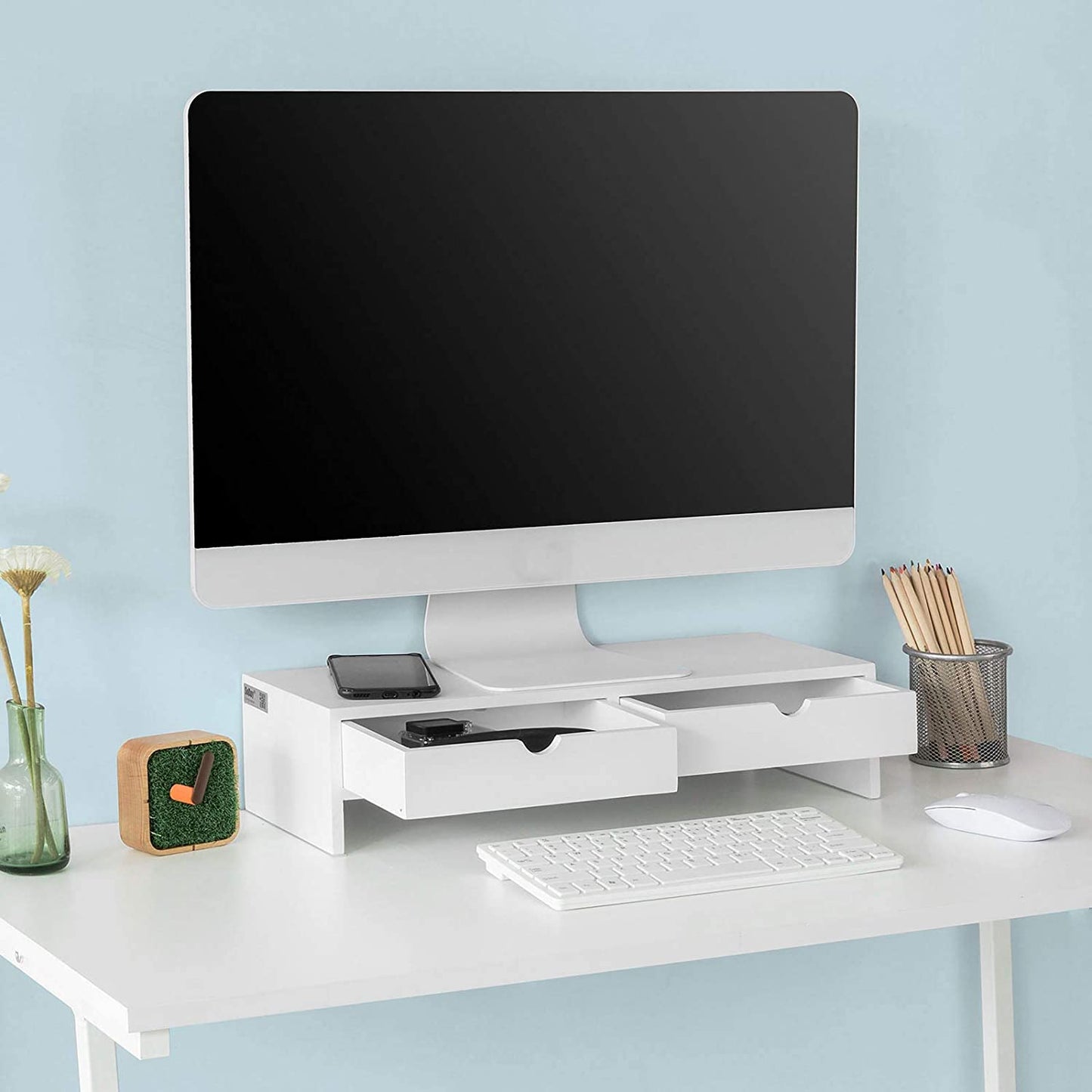 White Monitor Stand Desk Organizer with 2 Drawers Tristar Online