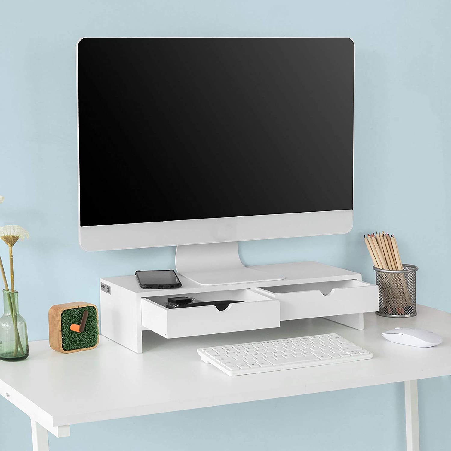 White Monitor Stand Desk Organizer with 2 Drawers Tristar Online