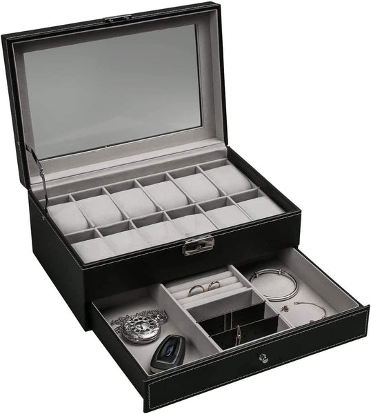 12 Slot PU Leather Lockable Watch and Jewelry Storage Boxes (Black) Tristar Online