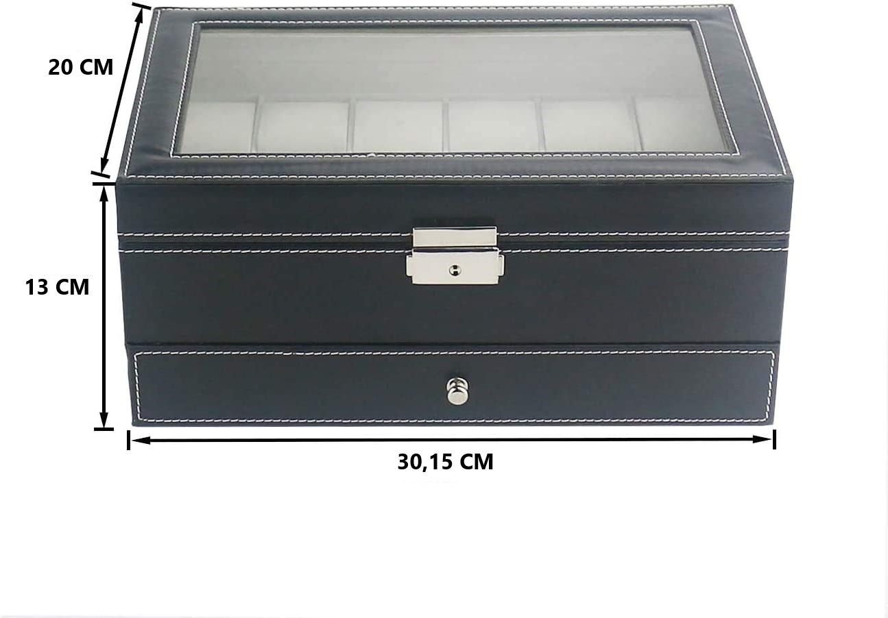 12 Slot PU Leather Lockable Watch and Jewelry Storage Boxes (Black) Tristar Online