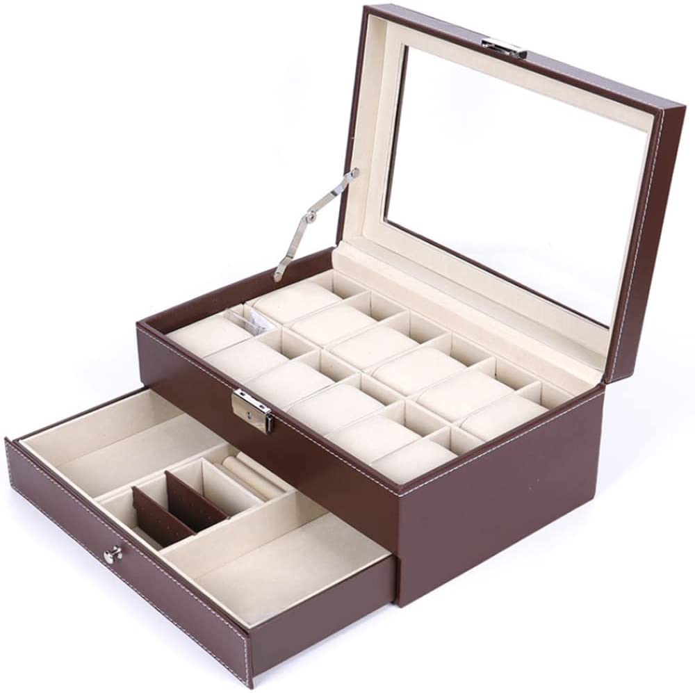 12 Slot PU Leather Lockable Watch and Jewelry Storage Boxes (Brown) Tristar Online