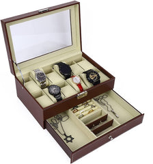 12 Slot PU Leather Lockable Watch and Jewelry Storage Boxes (Brown) Tristar Online