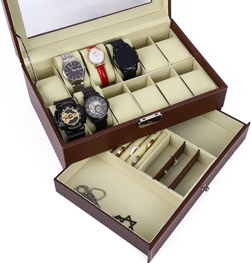 12 Slot PU Leather Lockable Watch and Jewelry Storage Boxes (Brown) Tristar Online