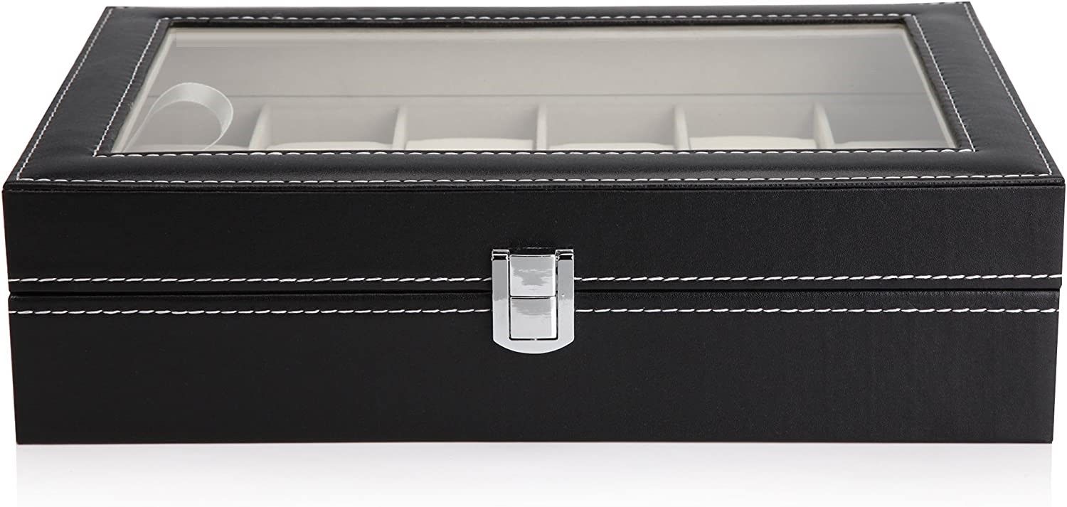 Black PU Leather Watch Organizer Display Storage Box Cases for Men & Women (12 slots) Tristar Online