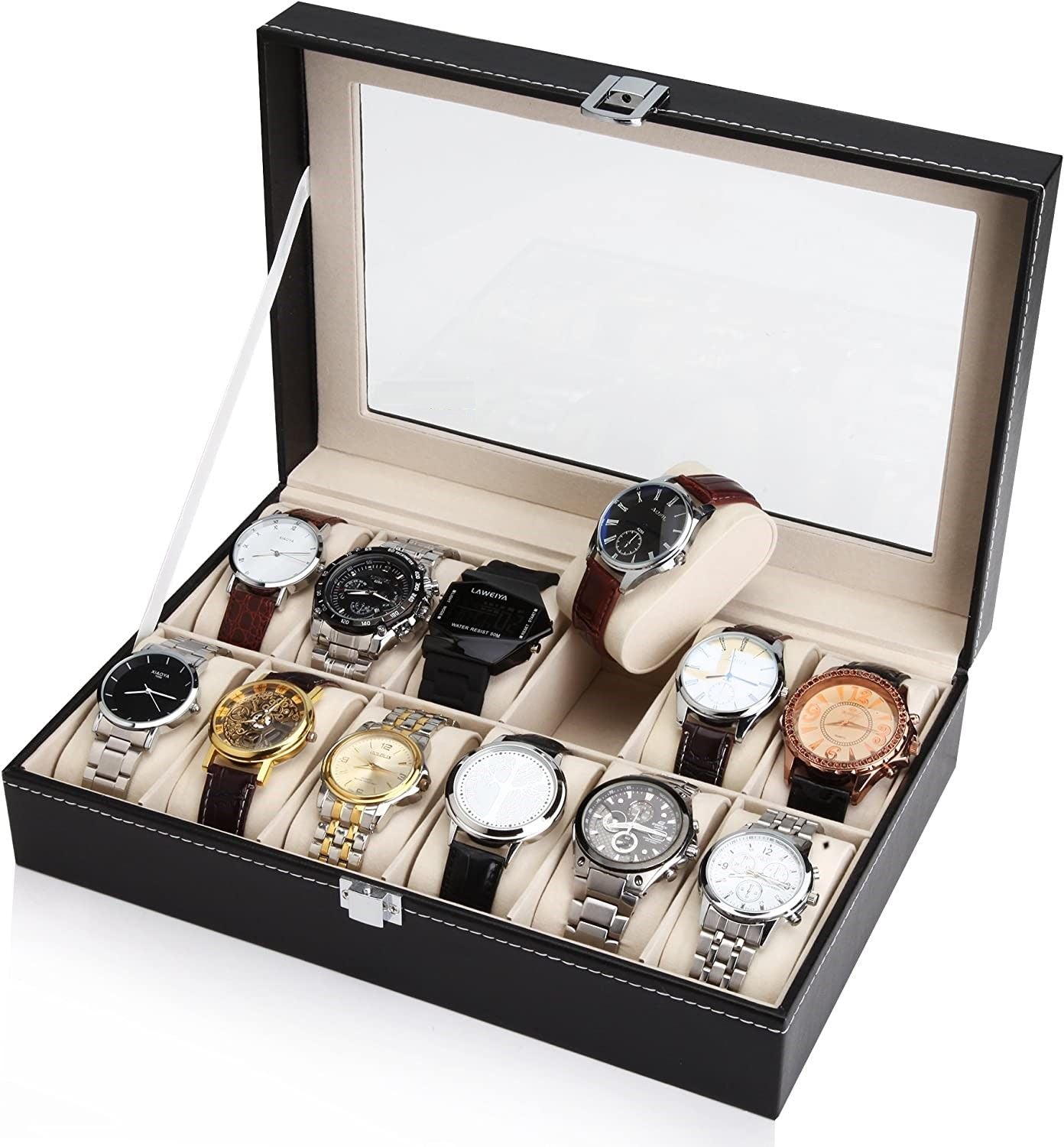 Black PU Leather Watch Organizer Display Storage Box Cases for Men & Women (12 slots) Tristar Online
