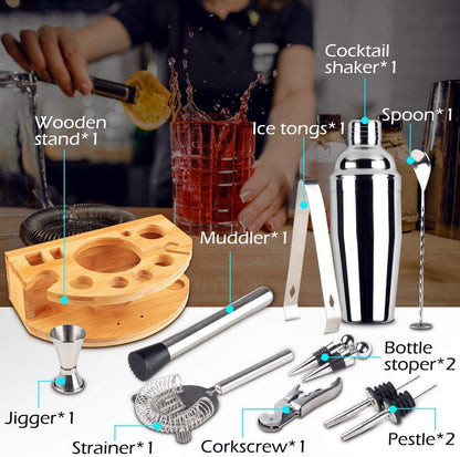 Cocktail Shaker Set Bartender Kit with Bamboo frame and 12 Pieces Stainless Steel Bar Tool Set Tristar Online