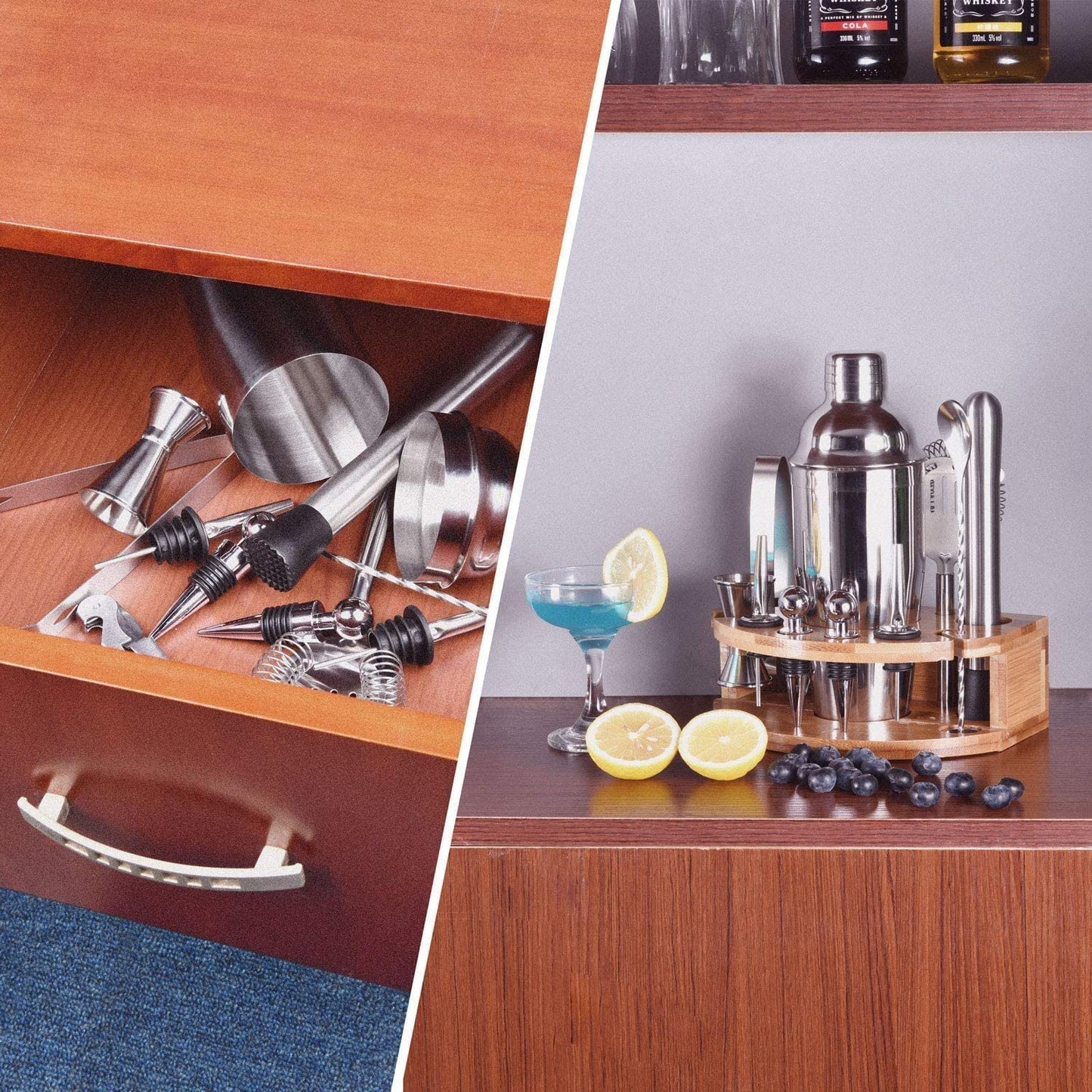 Cocktail Shaker Set Bartender Kit with Bamboo frame and 12 Pieces Stainless Steel Bar Tool Set Tristar Online