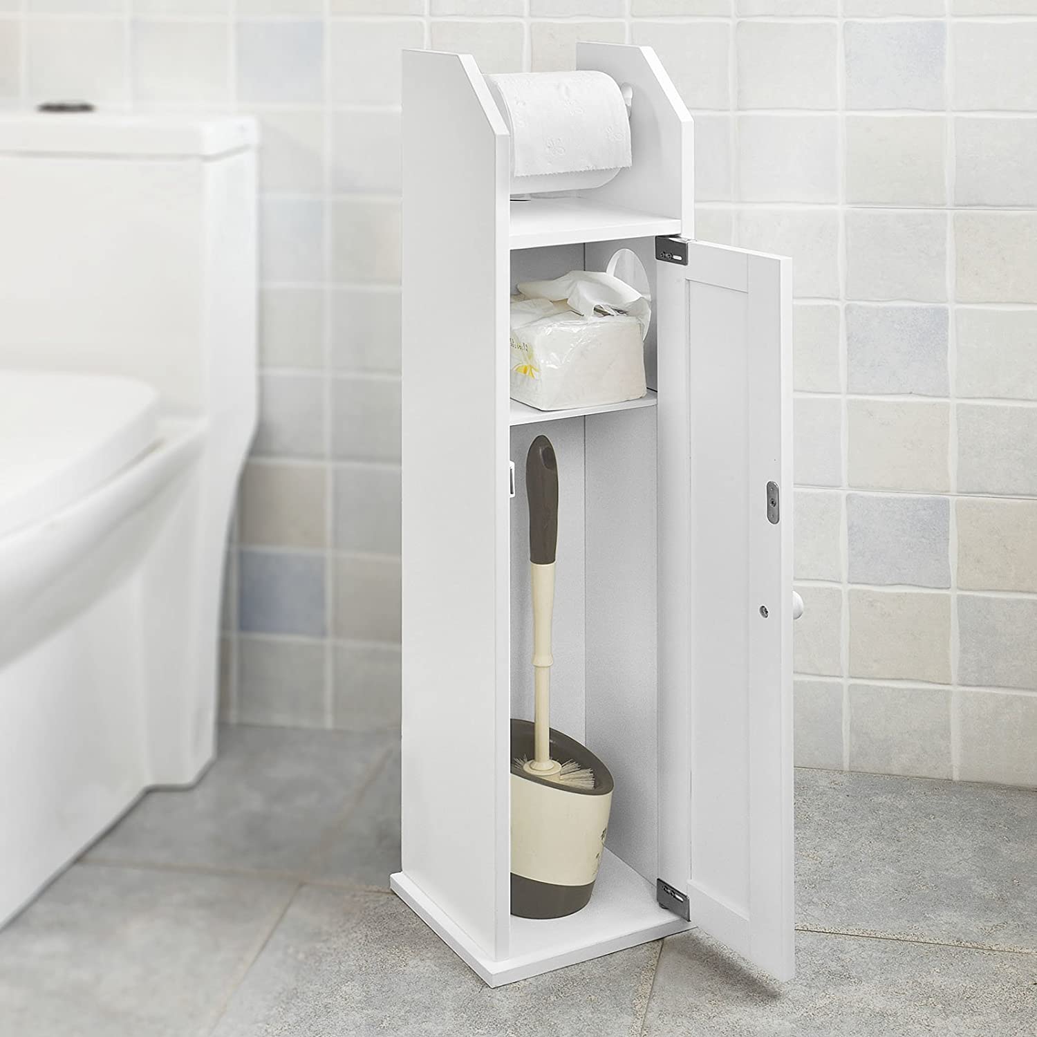Toilet Paper Holder with Storage, Freestanding Cabinet, Toilet Brush Holder and Toilet Paper Dispenser Tristar Online
