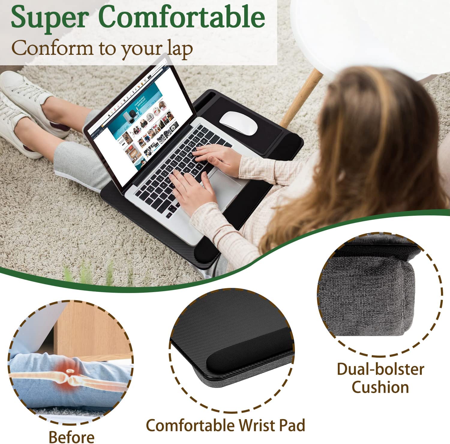 Portable Laptop Desk with Device Ledge, Mouse Pad and Phone Holder for Home Office (Black, 43cm) Tristar Online