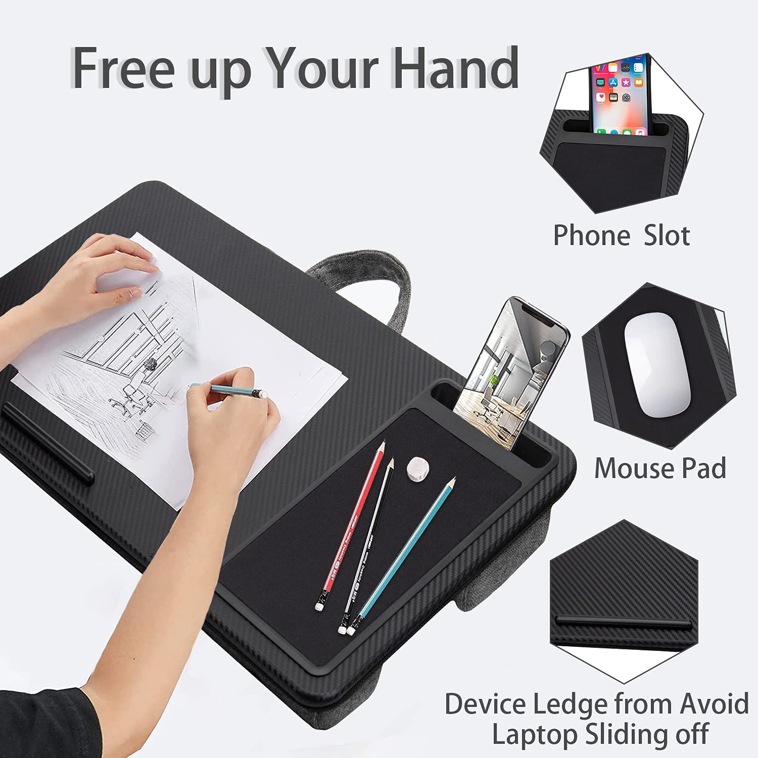 Portable Laptop Desk with Device Ledge, Mouse Pad and Phone Holder for Home Office (Black, 40cm) Tristar Online