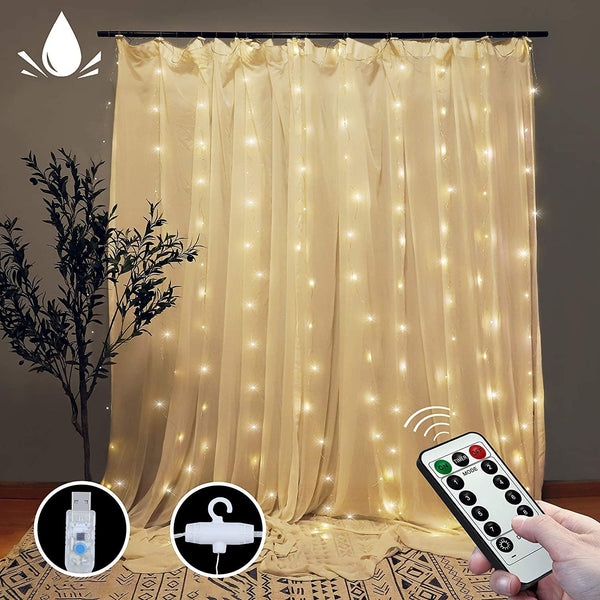 300 LEDs Window Curtain Fairy Lights 8 Modes and Remote Control for Bedroom (Warm White, 300 x 300cm) Tristar Online