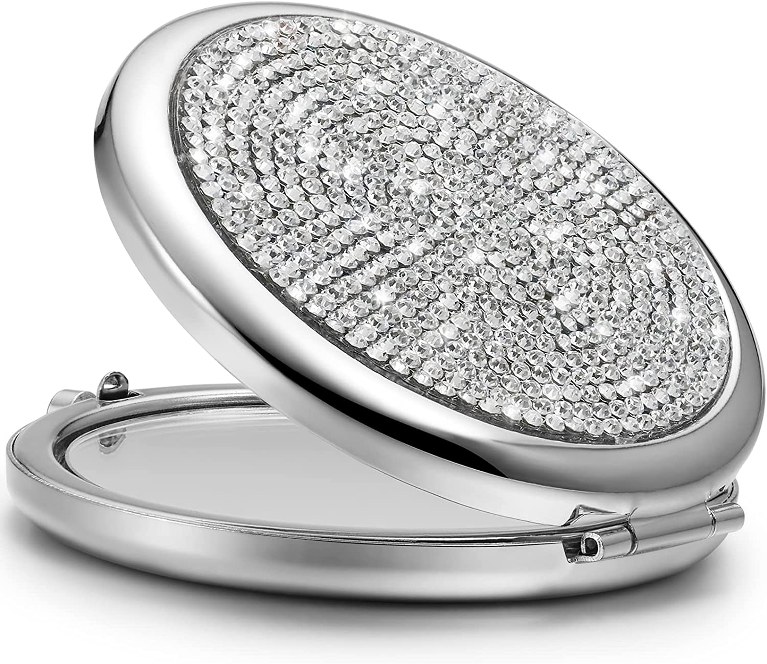 Mini Small Diamond 1X/2X Magnifying Round Metal Pocket Makeup Mirror (Silver) Tristar Online