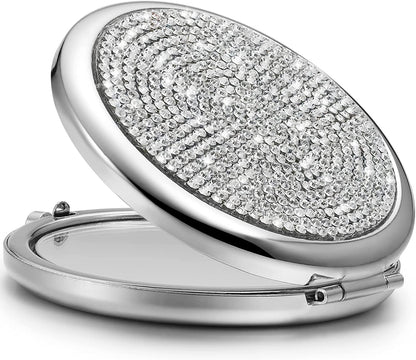 Mini Small Diamond 1X/2X Magnifying Round Metal Pocket Makeup Mirror (Silver) Tristar Online