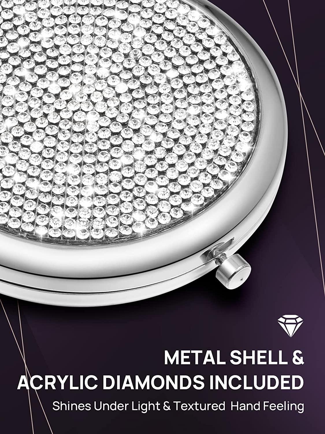 Mini Small Diamond 1X/2X Magnifying Round Metal Pocket Makeup Mirror (Silver) Tristar Online