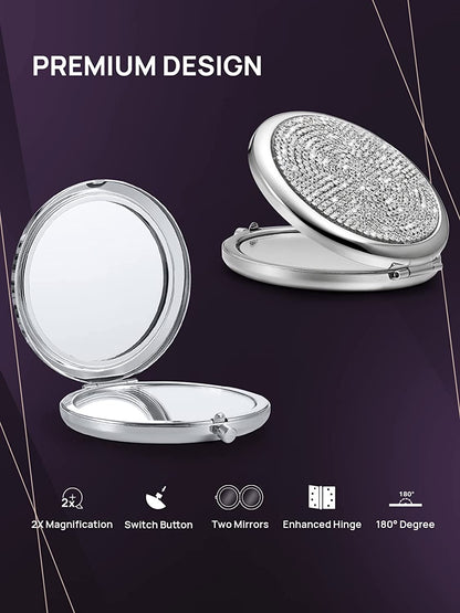 Mini Small Diamond 1X/2X Magnifying Round Metal Pocket Makeup Mirror (Silver) Tristar Online