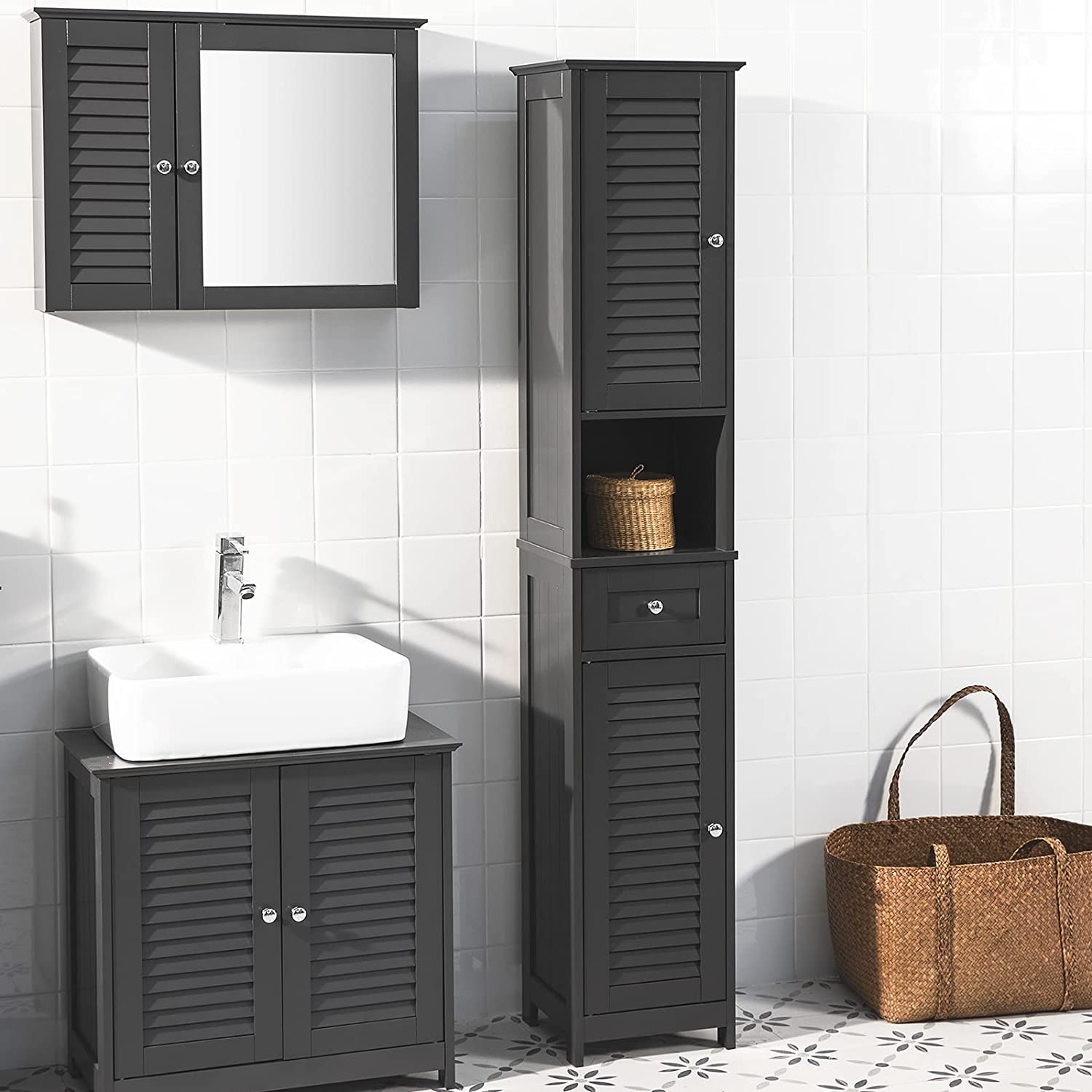 Freestanding Tall Bathroom Cabinet 170 x 32 x 30 cm (Black) Tristar Online