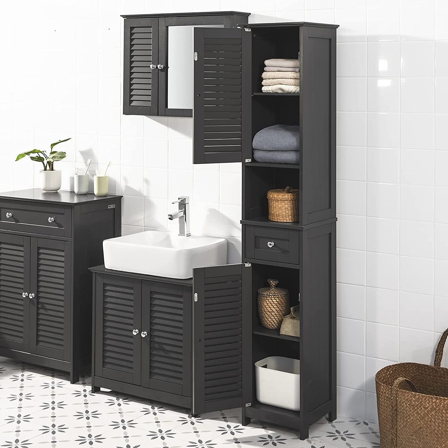 Freestanding Tall Bathroom Cabinet 170 x 32 x 30 cm (Black) Tristar Online