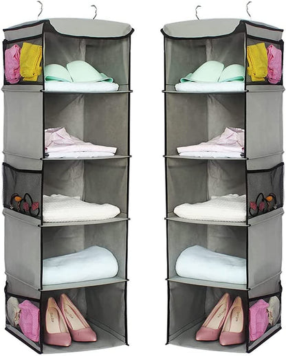 2 Pack 5 Foldable Shelf Hanging Closet Organizer Space Saver with Side Accessories Pockets for Clothes Storage Tristar Online