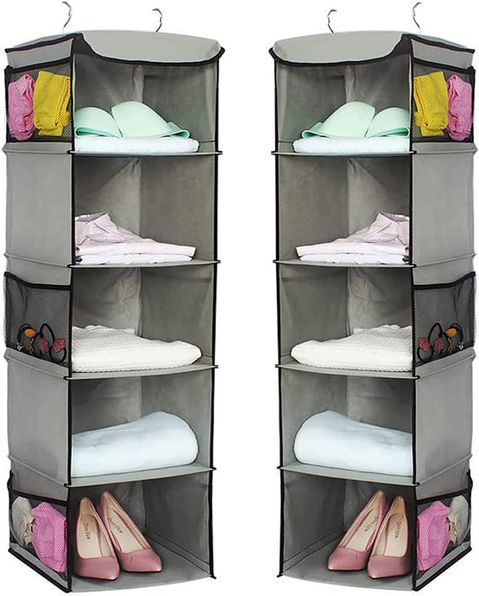 2 Pack 5 Foldable Shelf Hanging Closet Organizer Space Saver with Side Accessories Pockets for Clothes Storage Tristar Online