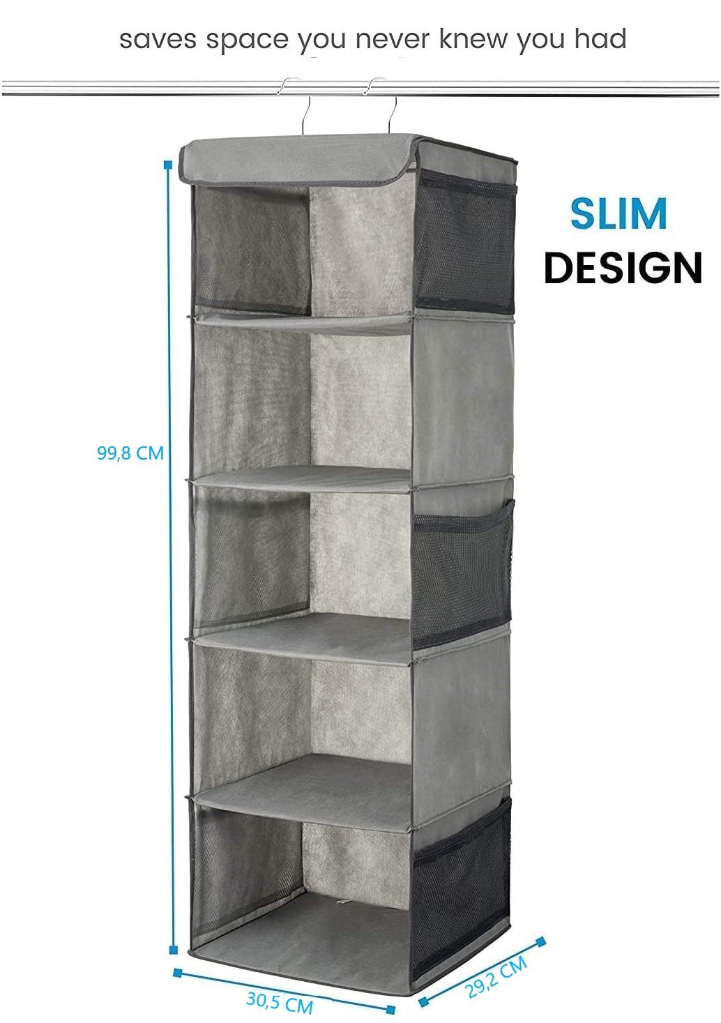 2 Pack 5 Foldable Shelf Hanging Closet Organizer Space Saver with Side Accessories Pockets for Clothes Storage Tristar Online