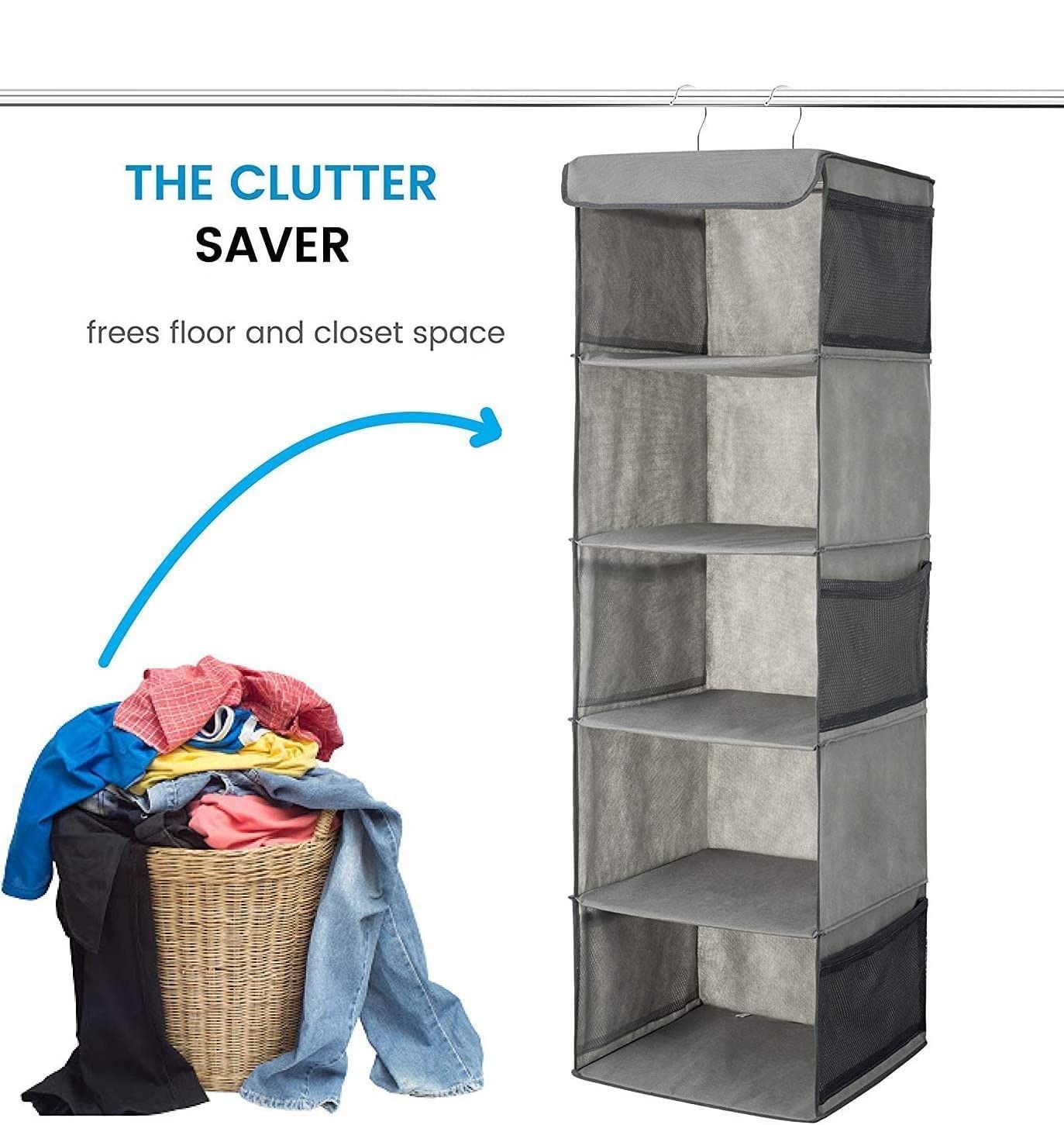 2 Pack 5 Foldable Shelf Hanging Closet Organizer Space Saver with Side Accessories Pockets for Clothes Storage Tristar Online