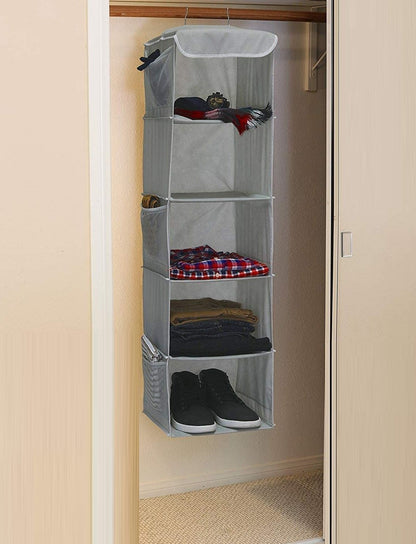 2 Pack 5 Foldable Shelf Hanging Closet Organizer Space Saver with Side Accessories Pockets for Clothes Storage Tristar Online