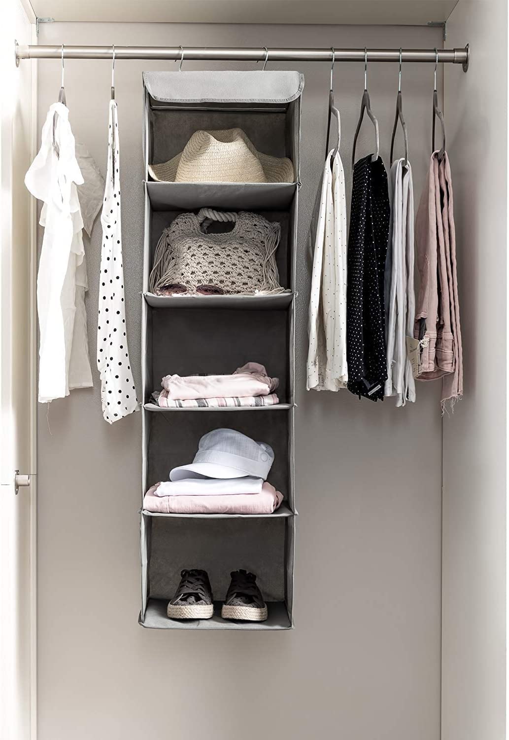 2 Pack 5 Foldable Shelf Hanging Closet Organizer Space Saver with Side Accessories Pockets for Clothes Storage Tristar Online