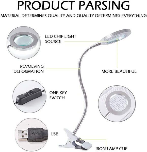 Lighting LED 8X Magnifying Lamp with Metal Clamp 360&deg; Flexible Gooseneck and USB Plug Design for Tattoo, Manicure and Reading Tristar Online