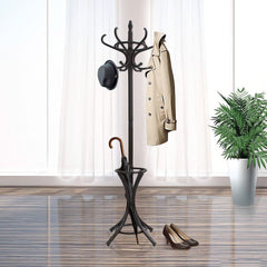 Brown Coat Rack with Stand Wooden Hat and 12 Hooks Hanger Walnut tree Tristar Online