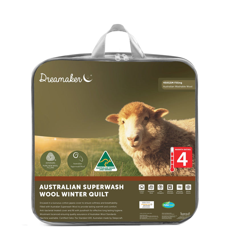 Dreamaker Australian Superwash Wool Winter Weight Quilt 450Gsm Queen Bed Tristar Online