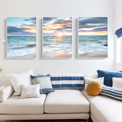 40cmx60cm Sunrise by the ocean 3 Sets White Frame Canvas Wall Art Tristar Online