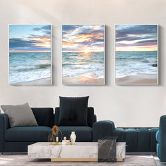 40cmx60cm Sunrise by the ocean 3 Sets White Frame Canvas Wall Art Tristar Online