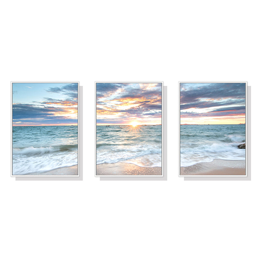 60cmx90cm Sunrise by the ocean 3 Sets White Frame Canvas Wall Art Tristar Online