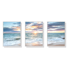 60cmx90cm Sunrise by the ocean 3 Sets White Frame Canvas Wall Art Tristar Online