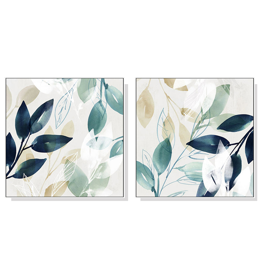 60cmx60cm Watercolour style leaves 2 Sets White Frame Canvas Wall Art Tristar Online