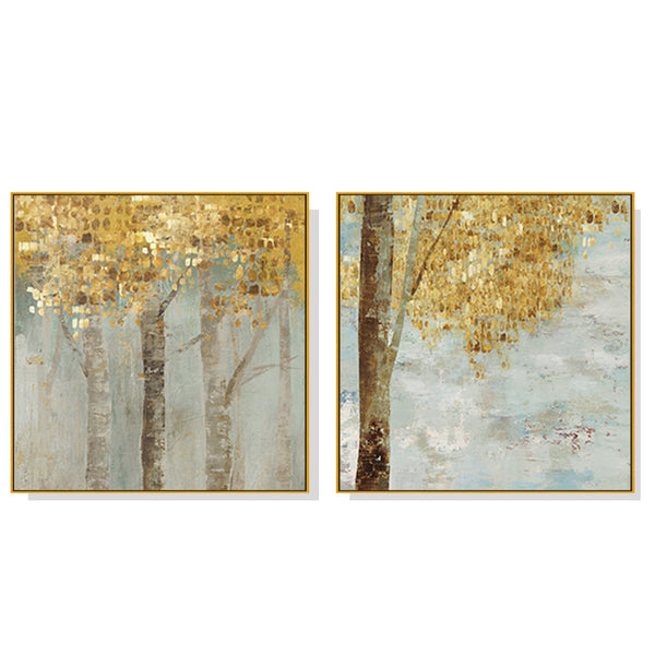 60cmx60cm Golden Leaves 2 Sets Gold Frame Canvas Wall Art Tristar Online