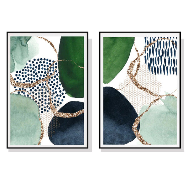 Wall Art 70cmx100cm Abstract Green and Navy 2 Sets Black Frame Canvas Tristar Online