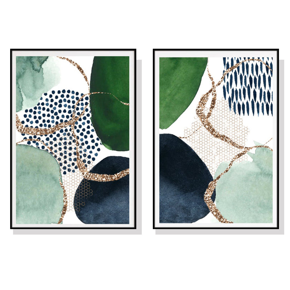 Wall Art 90cmx135cm Abstract Green and Navy 2 Sets Black Frame Canvas Tristar Online