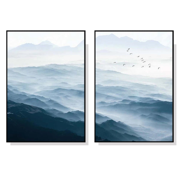 Wall Art 90cmx135cm Blue mountains 2 Sets Black Frame Canvas Tristar Online