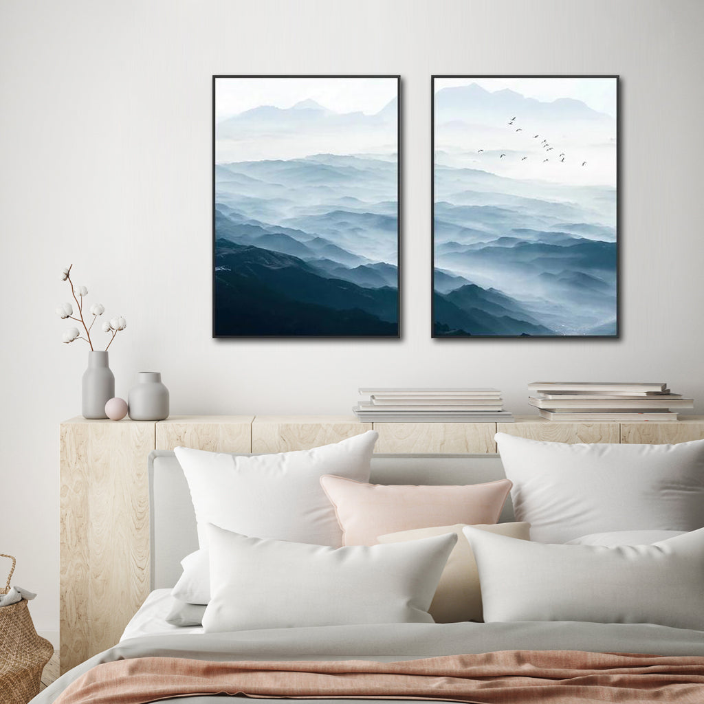 Wall Art 90cmx135cm Blue mountains 2 Sets Black Frame Canvas Tristar Online