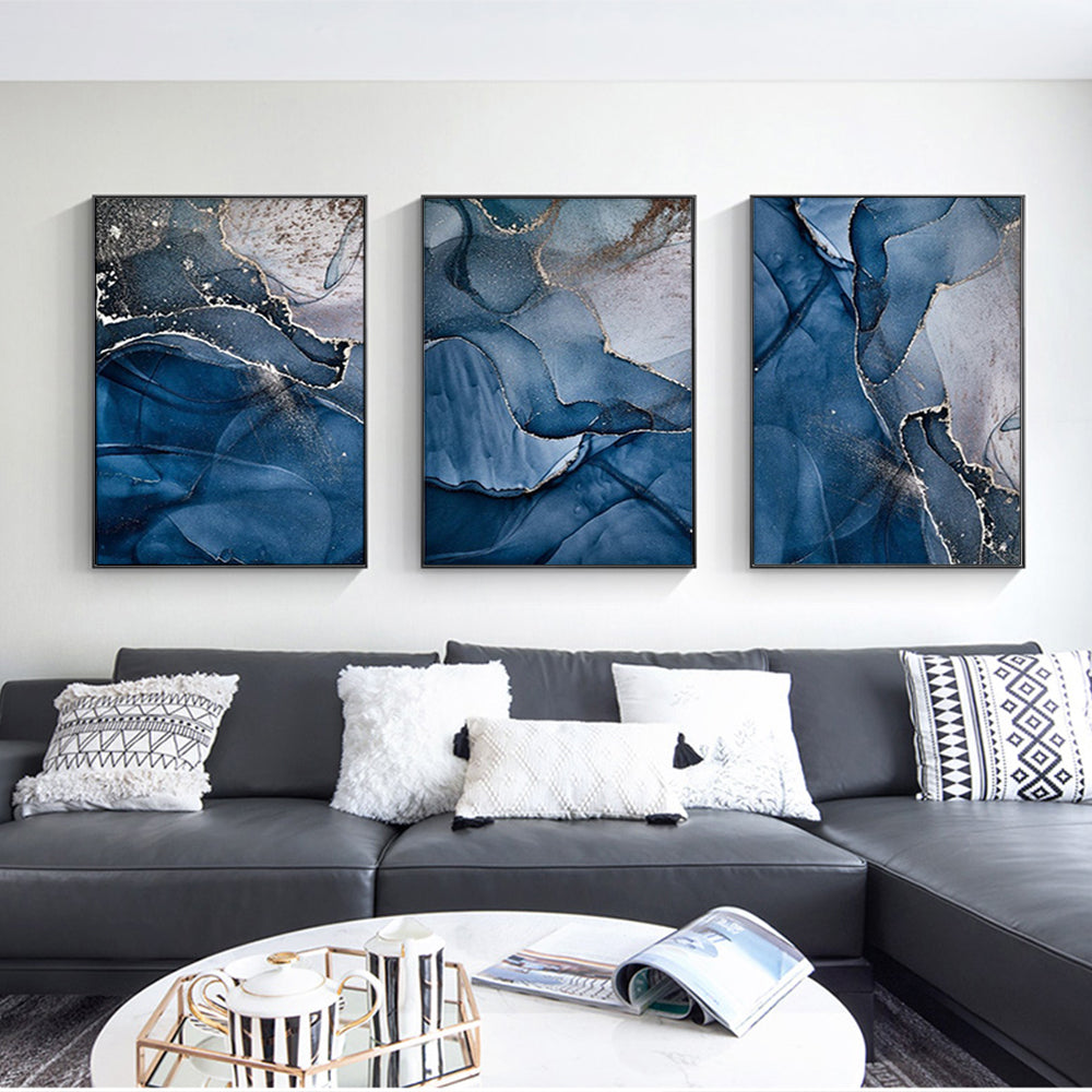 50cmx70cm Blue Gold Marble 3 Sets Black Frame Canvas Wall Art Tristar Online