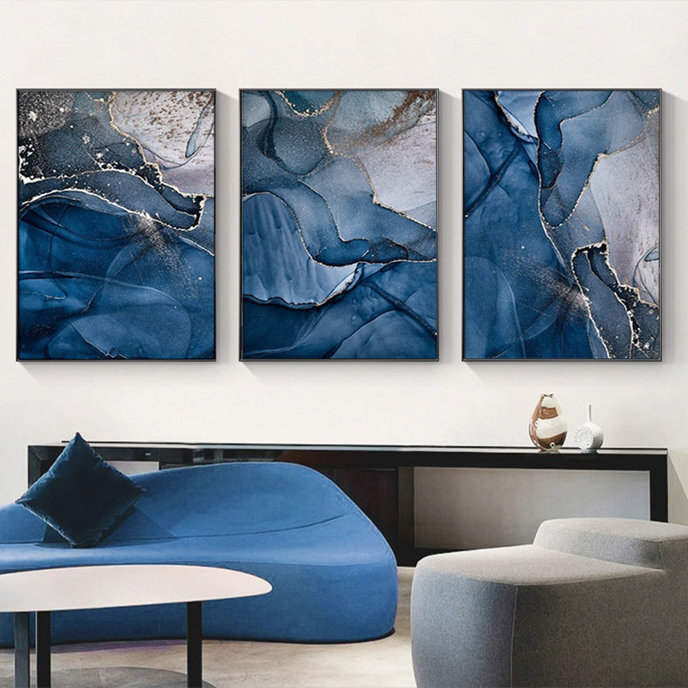 50cmx70cm Blue Gold Marble 3 Sets Black Frame Canvas Wall Art Tristar Online