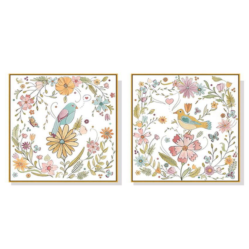 50cmx50cm Floral birds 2 Sets Gold Frame Canvas Wall Art Tristar Online