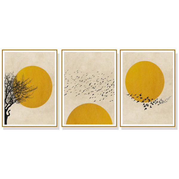 Wall Art 90cmx135cm Flock Of Birds Sun Silhouette 3 Sets Gold Frame Canvas Tristar Online