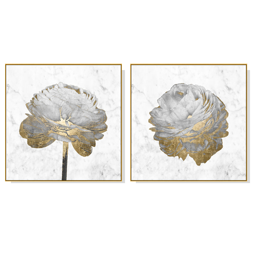 50cmx50cm Gold And White Blossom On White 2 Sets Gold Frame Canvas Wall Art Tristar Online