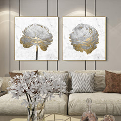 50cmx50cm Gold And White Blossom On White 2 Sets Gold Frame Canvas Wall Art Tristar Online