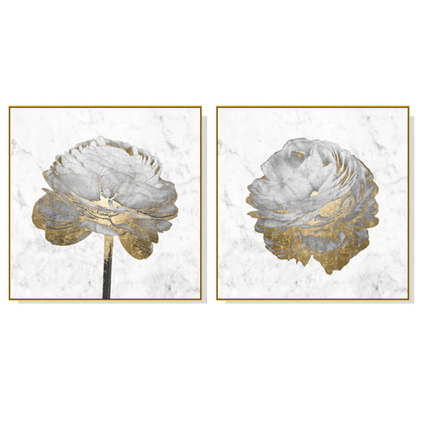 60cmx60cm Gold And White Blossom On White 2 Sets Gold Frame Canvas Wall Art Tristar Online