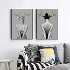 50cmx70cm Girl With Gold Horn 2 Sets Black Frame Canvas Wall Art Tristar Online