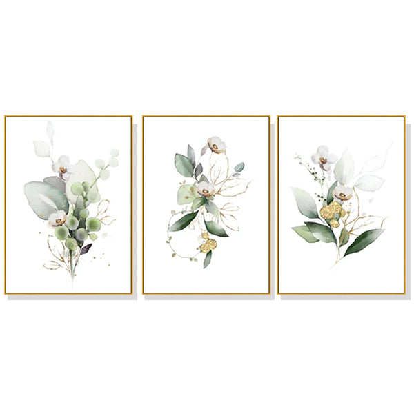 50cmx70cm Green and Gold Watercolor Botanical 3 Sets Gold Frame Canvas Wall Art Tristar Online