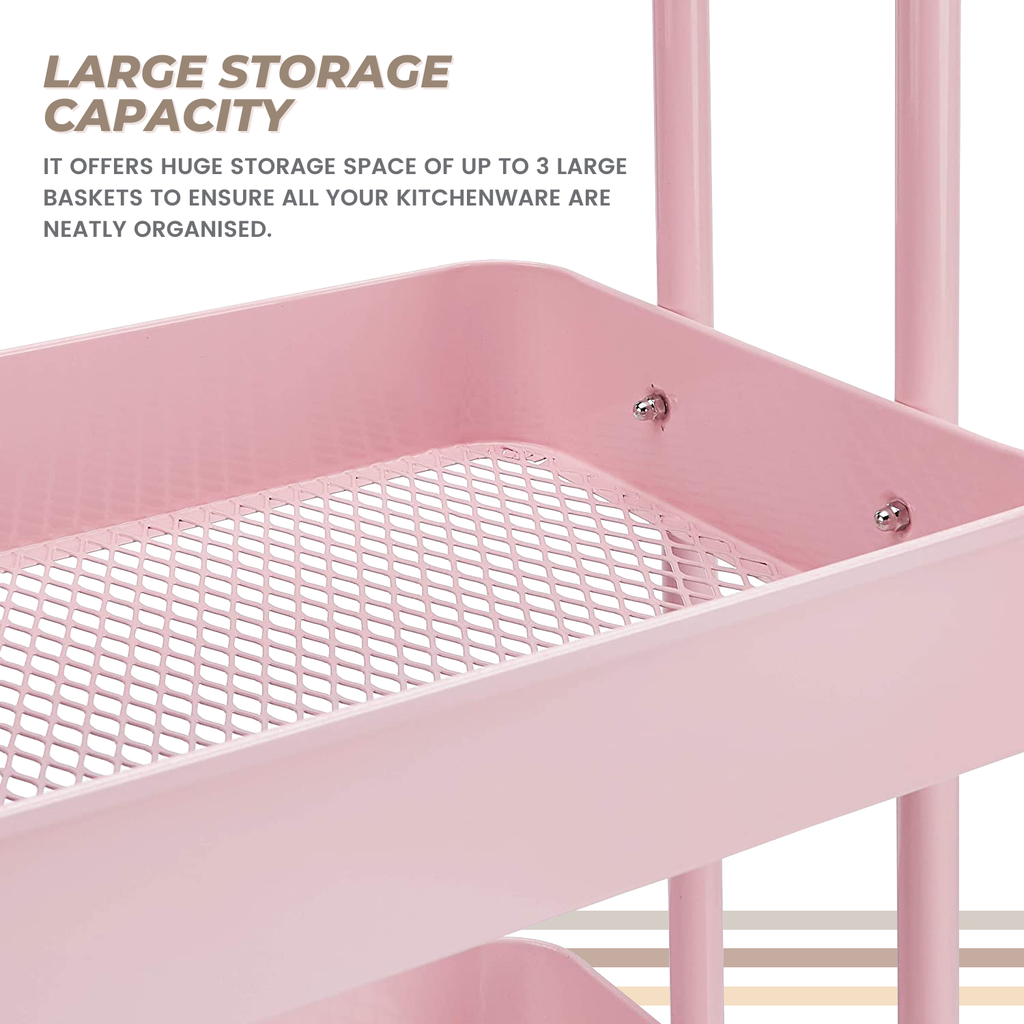 EKKIO Kitchen Trolley Cart 3 Tier (Pink) EK-KTC-102-DSH Tristar Online